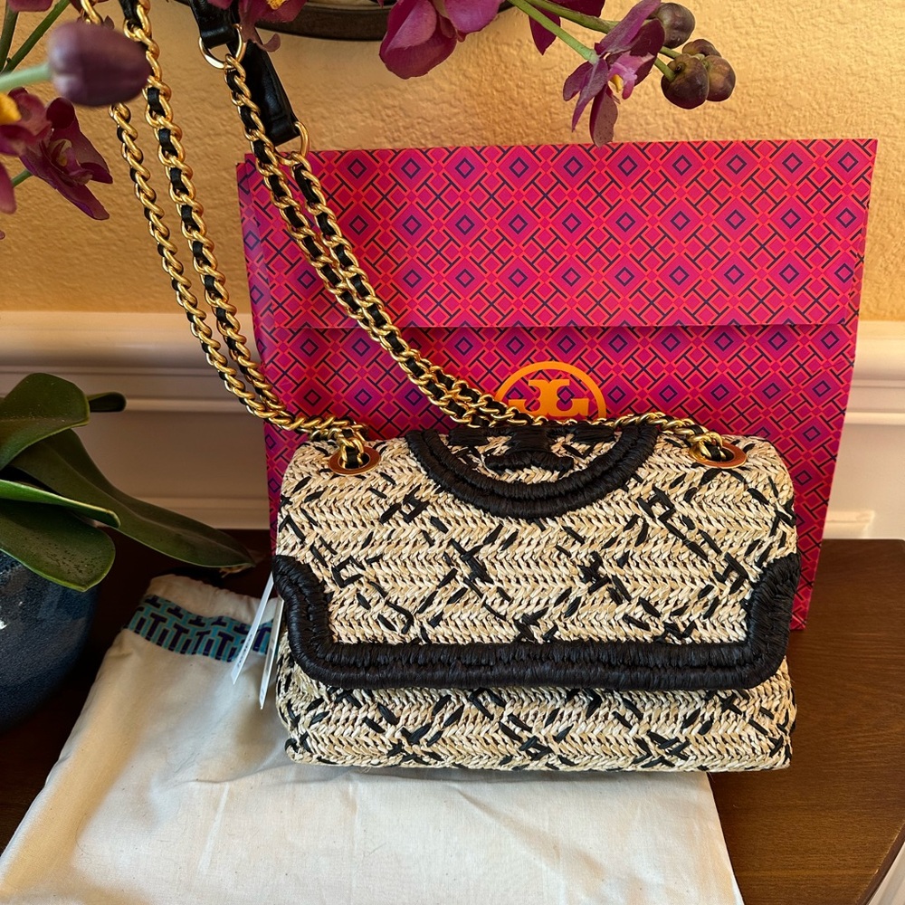 Tory Burch Black and Cream Weaved Straw Crossbody Bag